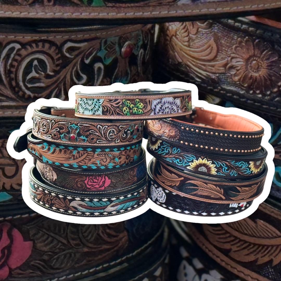 Western Genuine Leather dog collar tooled details aces cards sunflower feather rhinestone cactus floral by Double B Wild Rags