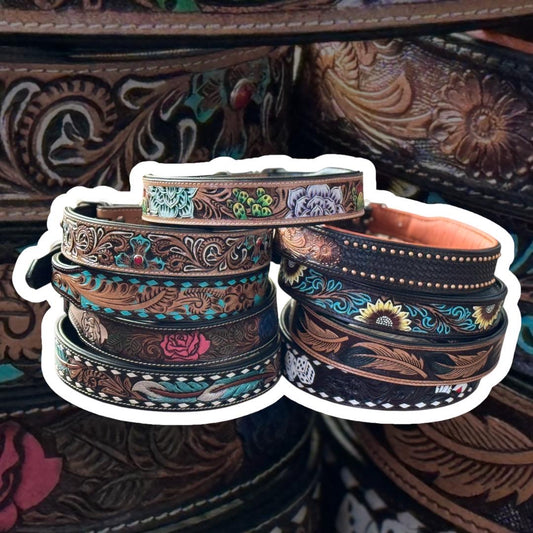 Western Genuine Leather dog collar tooled details aces cards sunflower feather rhinestone cactus floral by Double B Wild Rags
