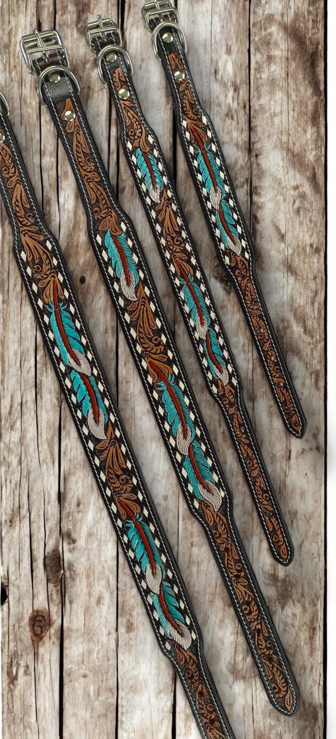 Western Genuine Leather dog collar tooled details aces cards sunflower feather rhinestone cactus floral by Double B Wild Rags